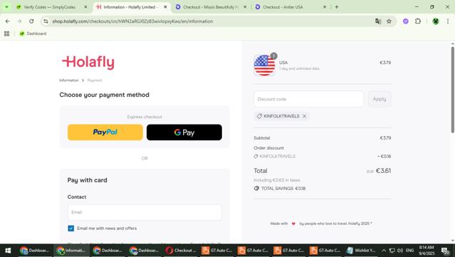 Holafly checkout page showing Holafly discount code box | Screenshot taken by SimplyCodes community member on Sep 4, 2025