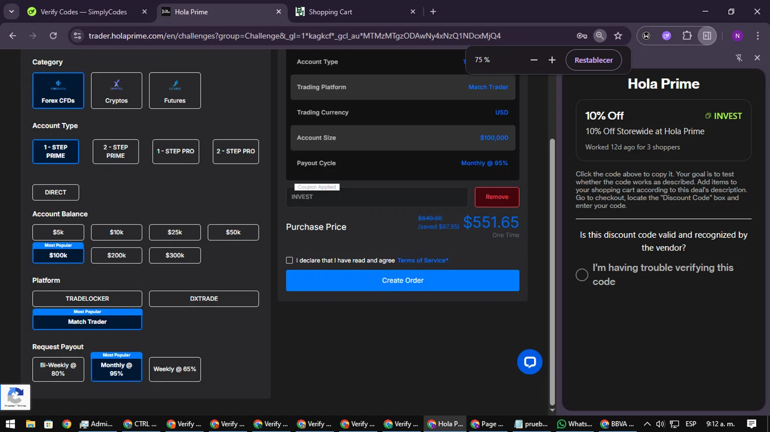 Hola Prime promo code screenshot showing code INVEST applied at Hola Prime checkout page. Uploaded by SimplyCodes community member NATAAAAAANAELCANO on Sep 24, 2025