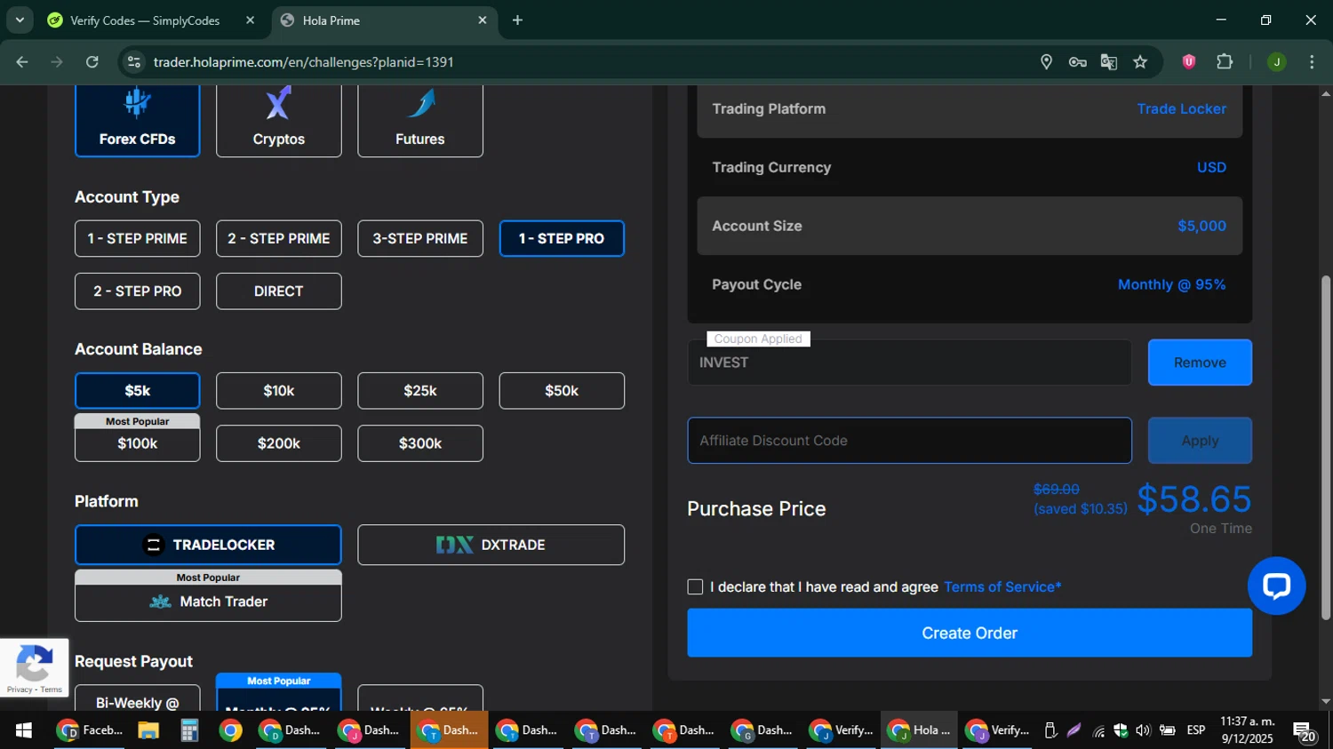 Hola Prime promo code screenshot showing code INVEST applied at Hola Prime checkout page. Uploaded by SimplyCodes community member ShieldFinder369 on Dec 9, 2025