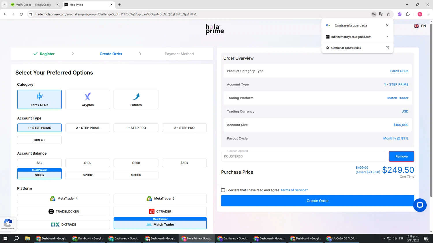 Hola Prime promo code screenshot showing code KOUSTER50 applied at Hola Prime checkout page. Uploaded by SimplyCodes community member TTTT55 on Nov 5, 2025