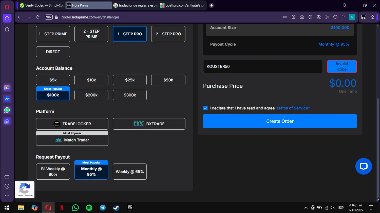 Hola Prime promo code screenshot showing code KOUSTER50 applied at Hola Prime checkout page. Uploaded by SimplyCodes community member ValiantWarden3907 on Nov 5, 2025
