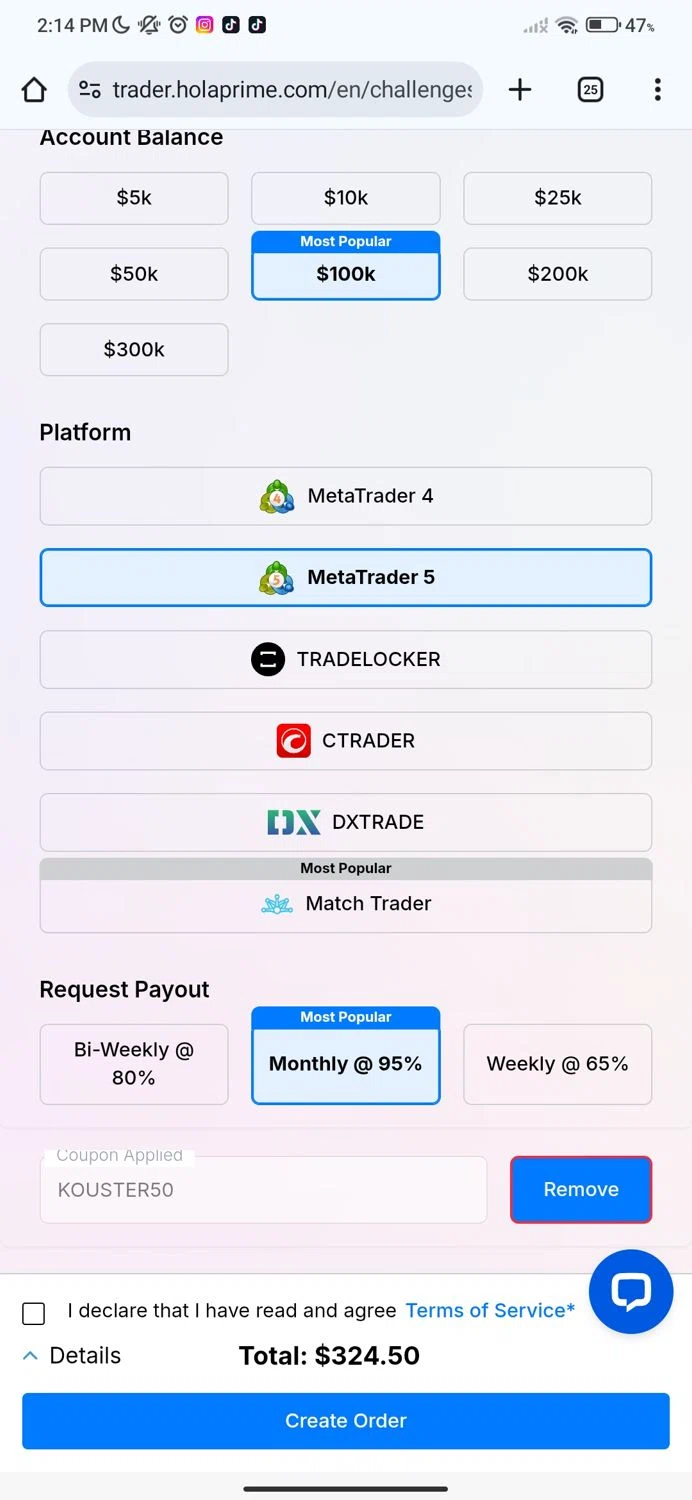 Hola Prime promo code screenshot showing code KOUSTER50 applied at Hola Prime checkout page. Uploaded by SimplyCodes community member grecellcastellanosar on Nov 5, 2025