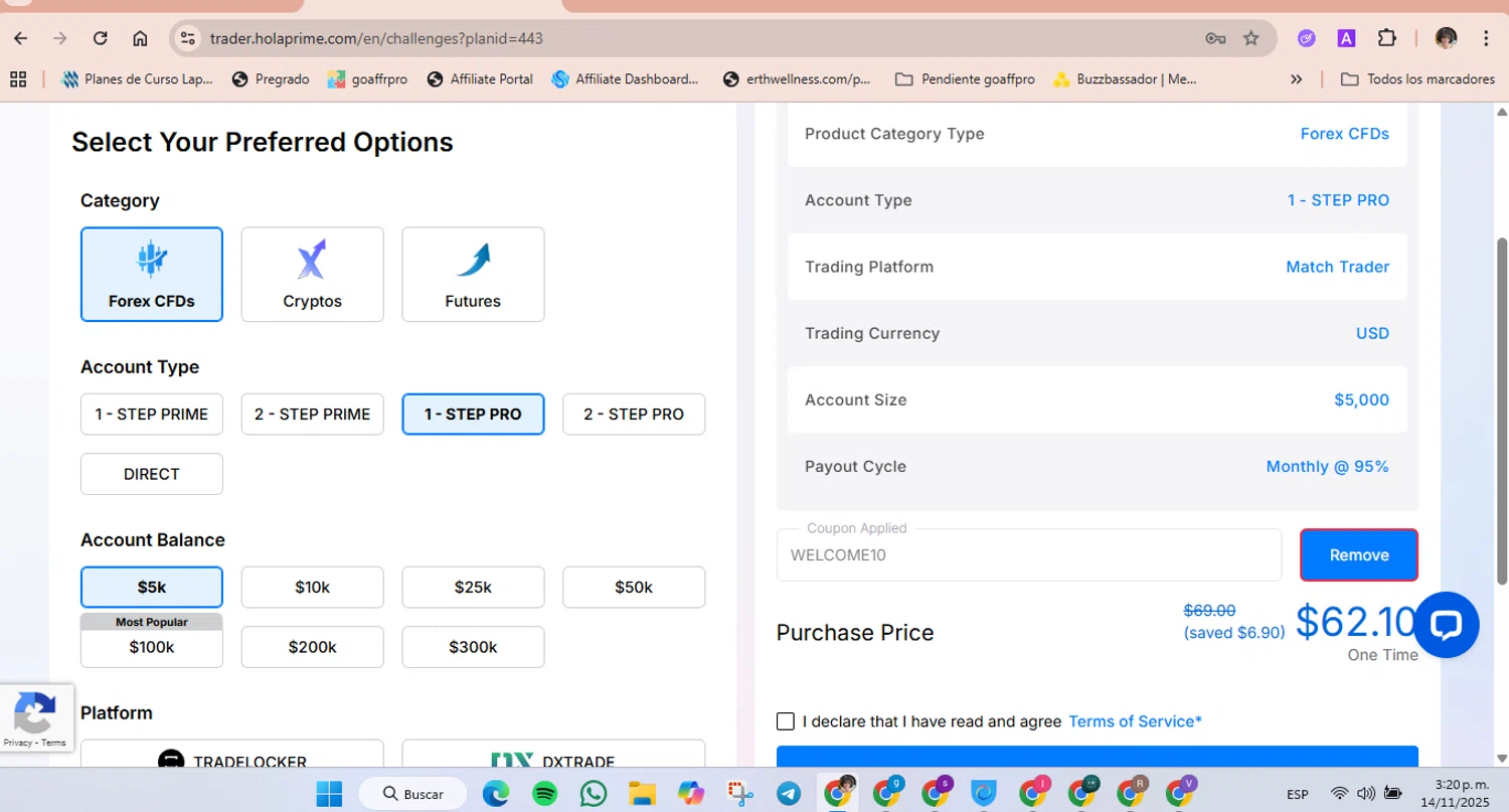Hola Prime promo code screenshot showing code WELCOME10 applied at Hola Prime checkout page. Uploaded by SimplyCodes community member luisaballera on Nov 14, 2025