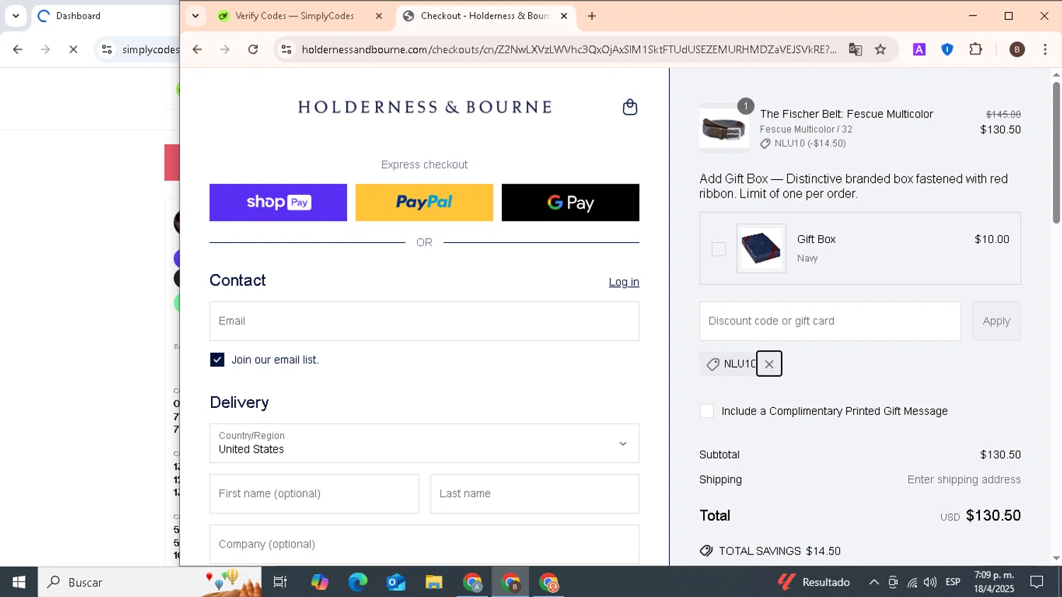 Holderness & Bourne promo code screenshot showing code NLU10 applied at Holderness & Bourne checkout page. Uploaded by SimplyCodes community member KHAL_DROGO on Apr 18, 2025