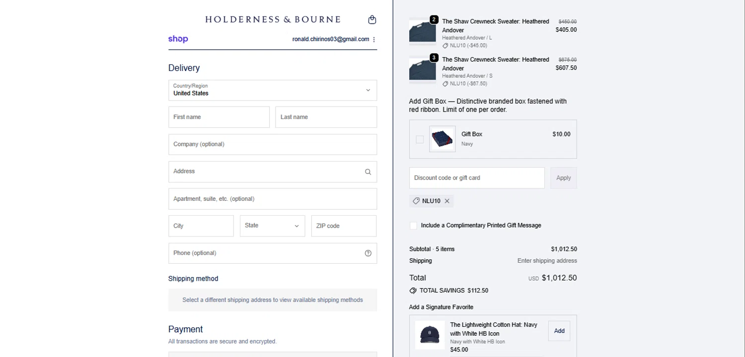 Holderness & Bourne promo code screenshot showing code NLU10 applied at Holderness & Bourne checkout page. Uploaded by SimplyCodes community member Ronita_832988044 on Oct 26, 2025