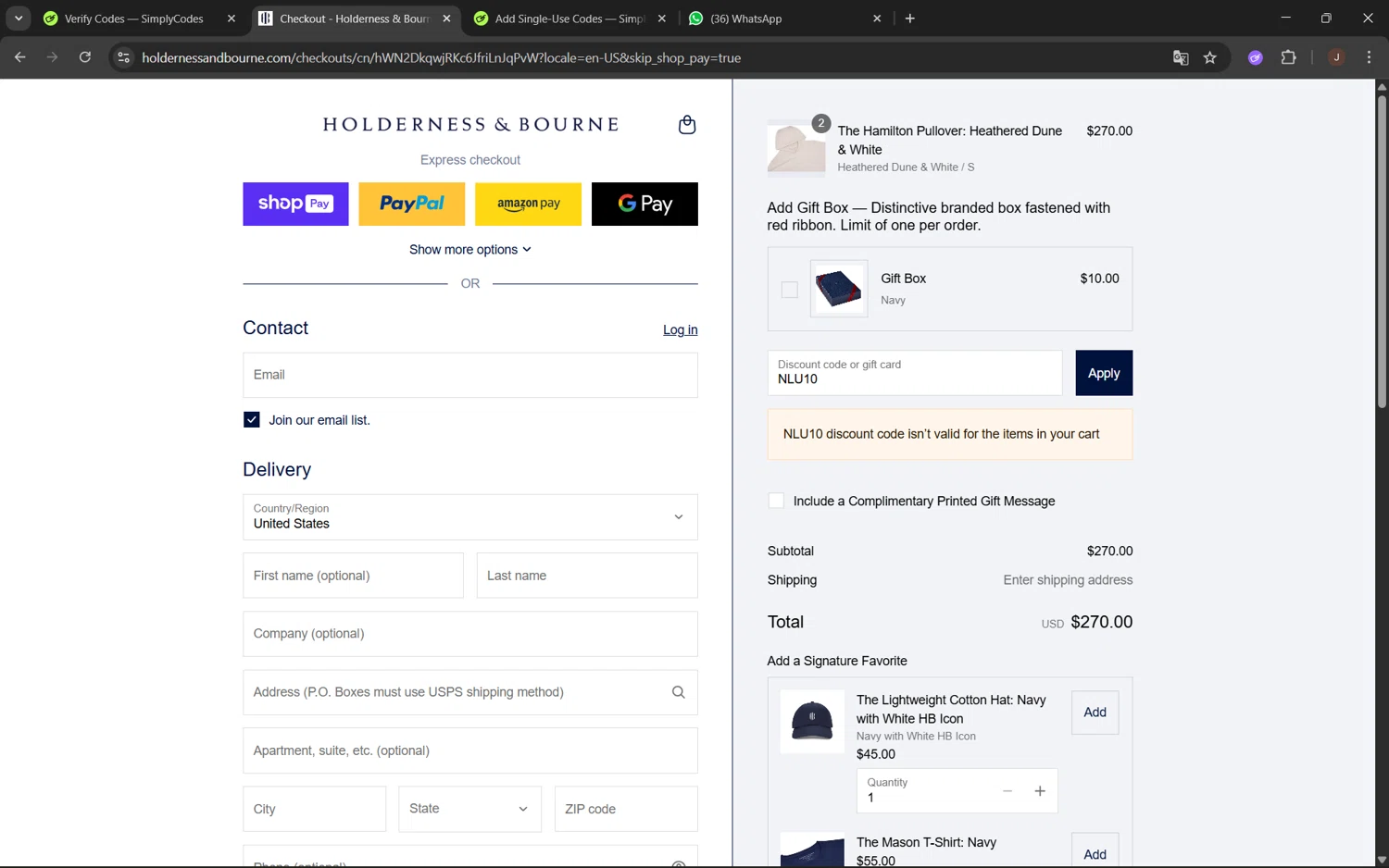 Holderness & Bourne promo code screenshot showing code NLU10 applied at Holderness & Bourne checkout page. Uploaded by SimplyCodes community member juanx1702 on Aug 25, 2025