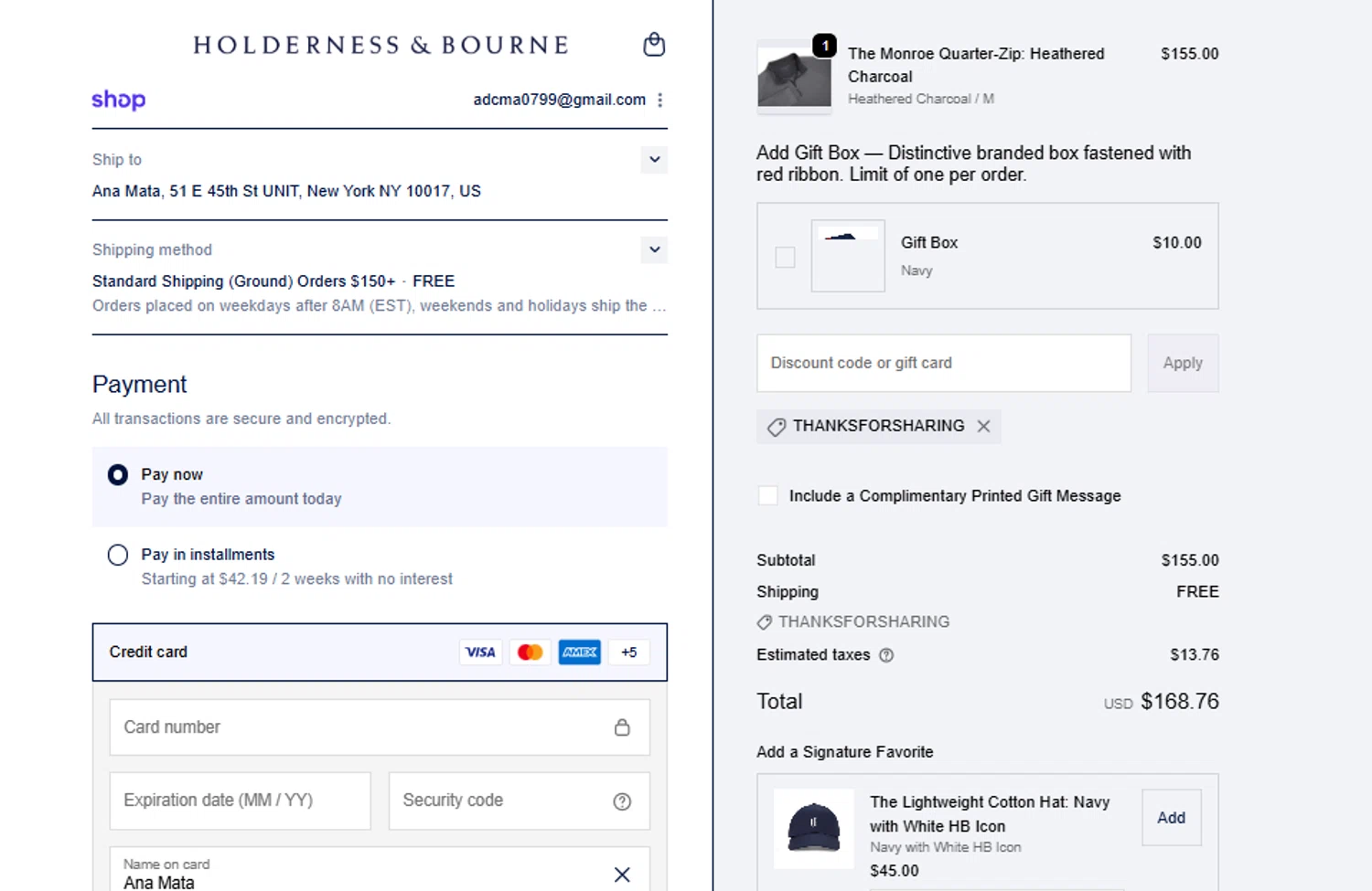 Holderness & Bourne promo code screenshot showing code THANKSFORSHARING applied at Holderness & Bourne checkout page. Uploaded by SimplyCodes community member peachee on Oct 26, 2025