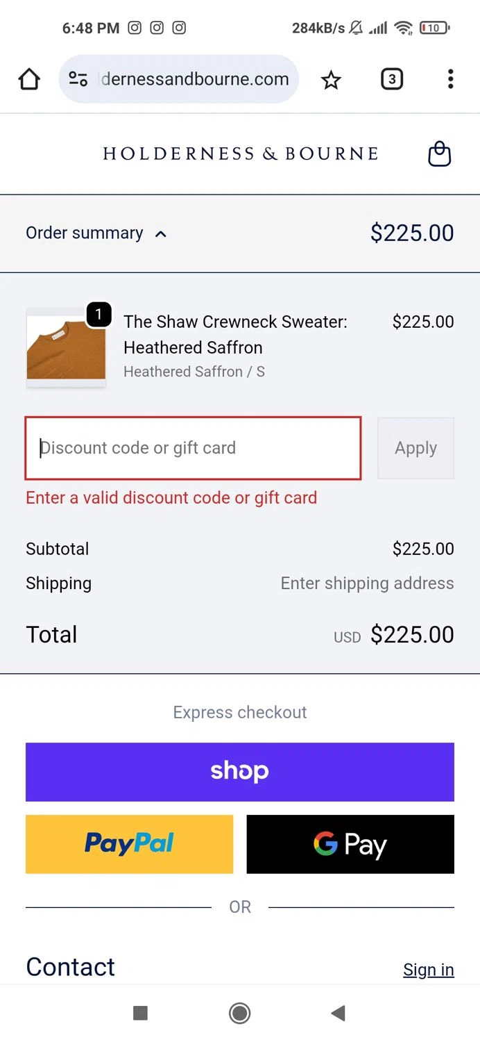 Holderness & Bourne promo code screenshot showing code HB2025 applied at Holderness & Bourne checkout page. Uploaded by SimplyCodes community member Piolin on Dec 3, 2025
