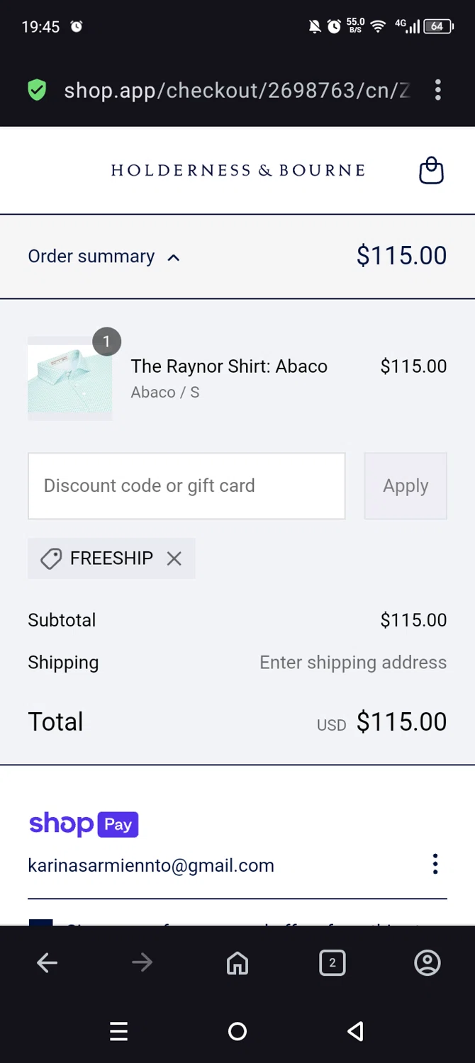 Holderness & Bourne promo code screenshot showing code FREESHIP applied at Holderness & Bourne checkout page. Uploaded by SimplyCodes community member Olivatle37 on May 20, 2025