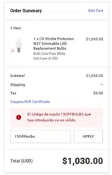 15OFFbulbs coupon verification screenshot