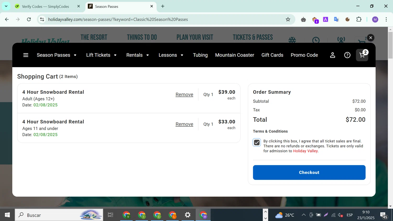 Holiday Valley promo code screenshot showing code 15OFF applied at Holiday Valley checkout page. Uploaded by SimplyCodes community member ValueLion1621 on Jan 23, 2025