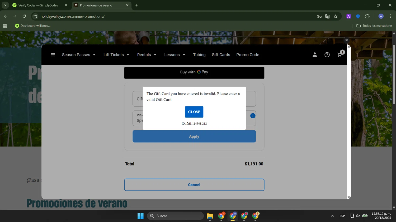 Holiday Valley promo code screenshot showing code Special#1974 applied at Holiday Valley checkout page. Uploaded by SimplyCodes community member ThriftyTracker446 on Dec 20, 2025