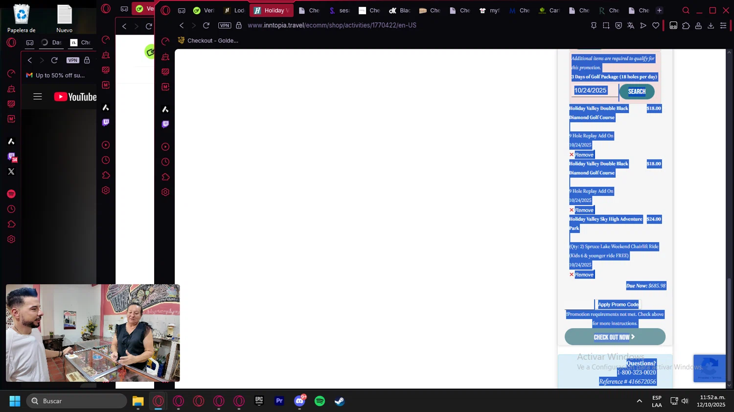 Holiday Valley promo code screenshot showing code 3DayGolfpkgtc applied at Holiday Valley checkout page. Uploaded by SimplyCodes community member Billyyou on Oct 12, 2025