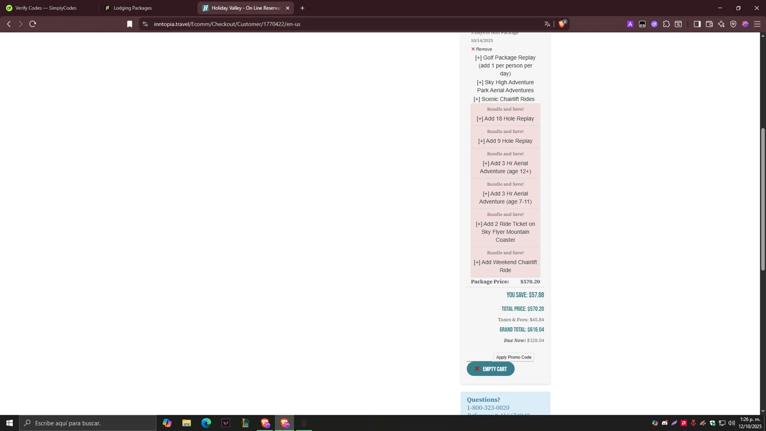 Holiday Valley promo code screenshot showing code 3DayGolfpkgtc applied at Holiday Valley checkout page. Uploaded by SimplyCodes community member Carlos54 on Oct 12, 2025
