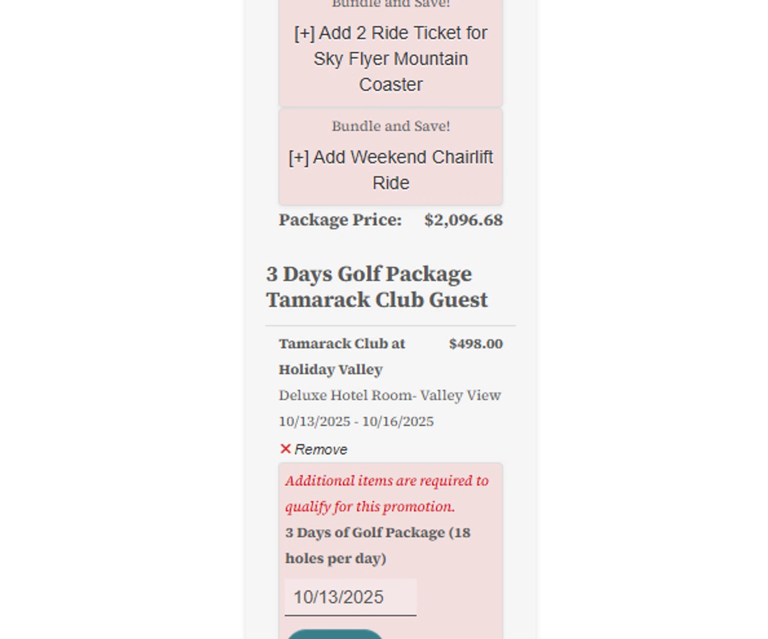 Holiday Valley promo code screenshot showing code 2DayGolfpkgtc applied at Holiday Valley checkout page. Uploaded by SimplyCodes community member Dejadepicharme on Oct 12, 2025