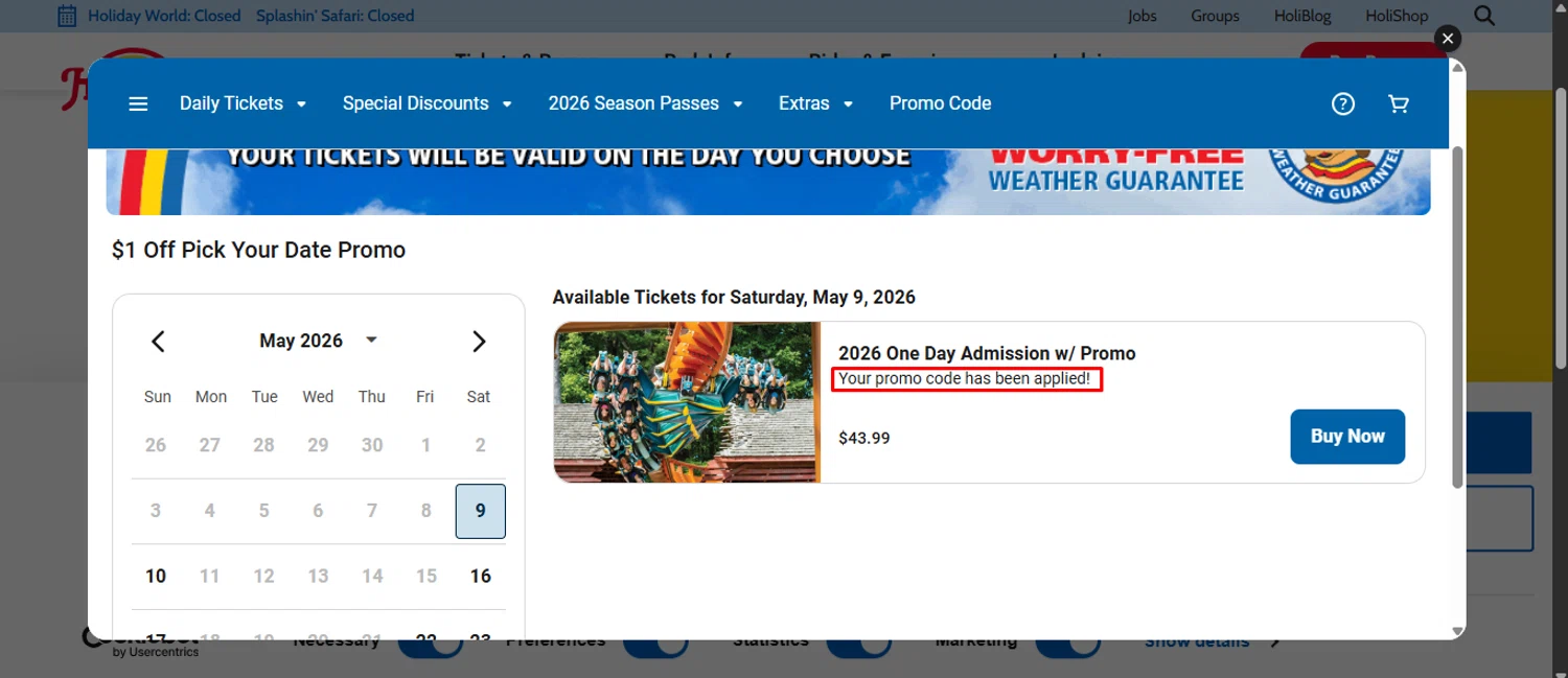 Holiday World promo code screenshot showing code ENEWS applied at Holiday World checkout page. Uploaded by SimplyCodes community member obert0264_b14f on Feb 27, 2026