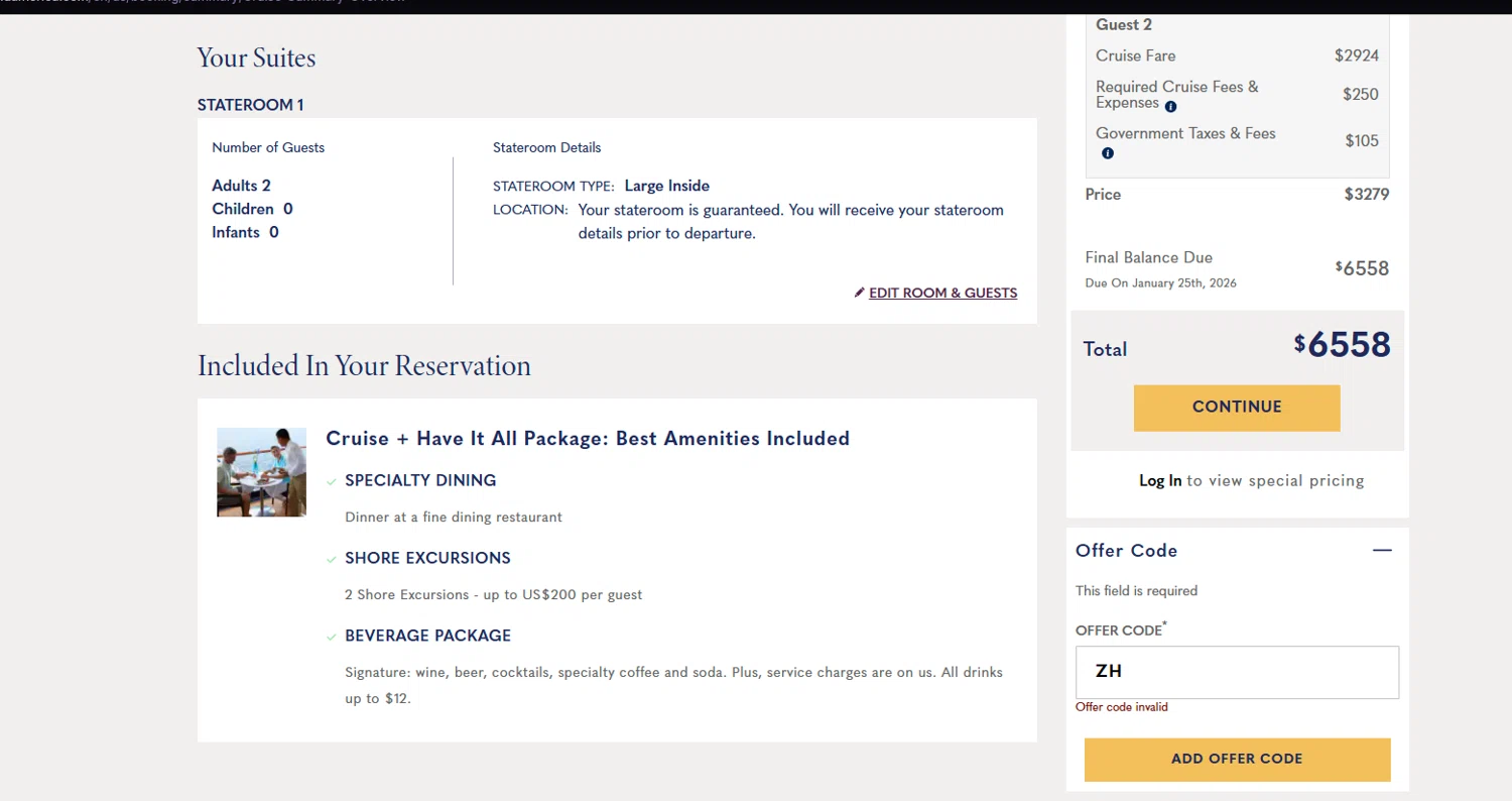 Holland America Cruise Line promo code screenshot showing code ZH applied at Holland America Cruise Line checkout page. Uploaded by SimplyCodes community member Halanweik on Jan 24, 2026
