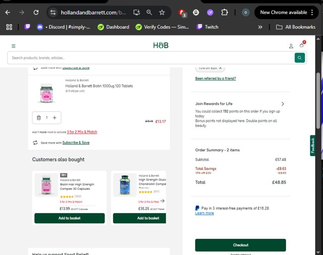 Holland and Barrett checkout page showing Holland and Barrett discount code box | Screenshot taken by SimplyCodes community member on Sep 5, 2025