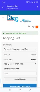 Hollywood Diet coupon verification screenshot