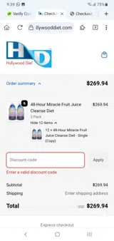 Hollywood Diet coupon verification screenshot