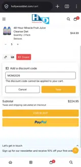Hollywood Diet coupon verification screenshot