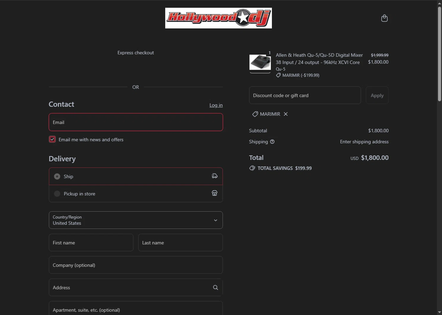 Hollywood DJ discount code screenshot showing code MARIMIR applied at Hollywood DJ checkout page. Uploaded by SimplyCodes community member Parangutirimicuaro on Jul 21, 2025