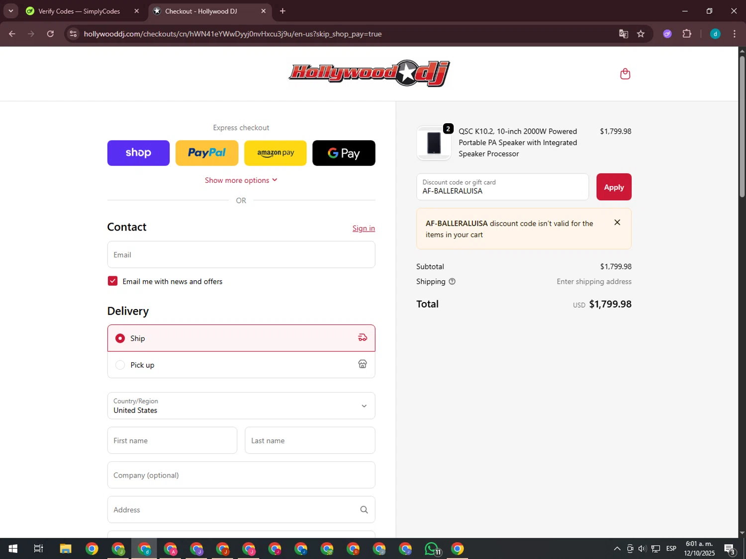 Hollywood DJ discount code screenshot showing code AF-BALLERALUISA applied at Hollywood DJ checkout page. Uploaded by SimplyCodes community member GloriousTiger3507 on Oct 12, 2025
