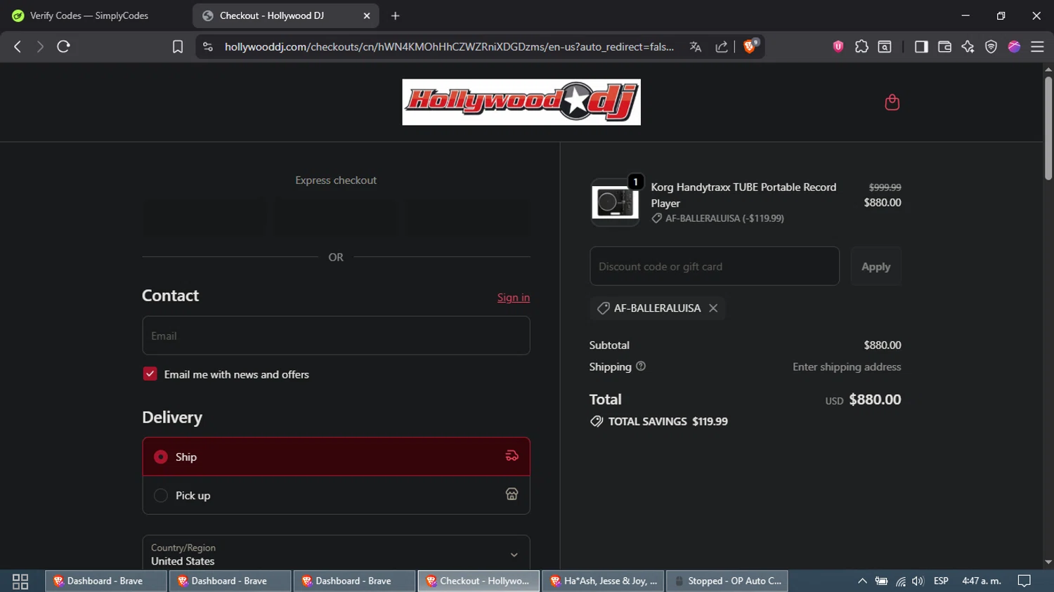 Hollywood DJ discount code screenshot showing code AF-BALLERALUISA applied at Hollywood DJ checkout page. Uploaded by SimplyCodes community member Waynesmith on Oct 20, 2025