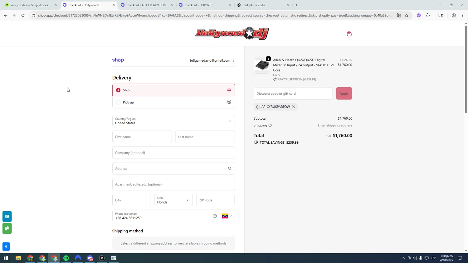 Hollywood DJ discount code screenshot showing code AF-CYRUSPARTOW applied at Hollywood DJ checkout page. Uploaded by SimplyCodes community member asdasdasd on Oct 4, 2025
