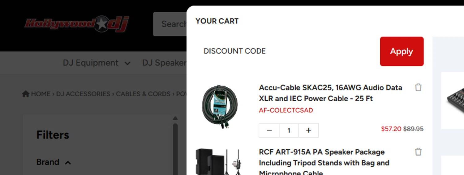 Hollywood DJ discount code screenshot showing code AF-COLECTCSAD applied at Hollywood DJ checkout page. Uploaded by SimplyCodes community member Charly2607 on Oct 19, 2025