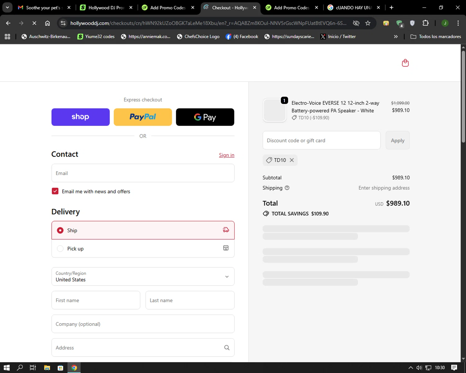 Hollywood DJ promo code screenshot showing code TD10 applied at Hollywood DJ checkout page. Uploaded by SimplyCodes community member Codehunter on Feb 21, 2026