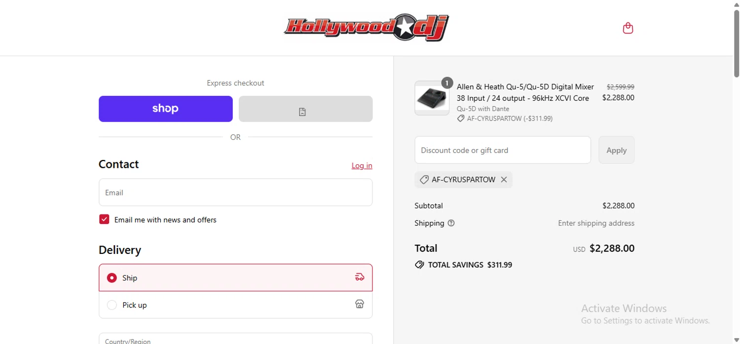 Hollywood DJ discount code screenshot showing code AF-CYRUSPARTOW applied at Hollywood DJ checkout page. Uploaded by SimplyCodes community member anosesmith on Aug 29, 2025