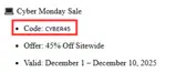 CYBER45 coupon verification screenshot