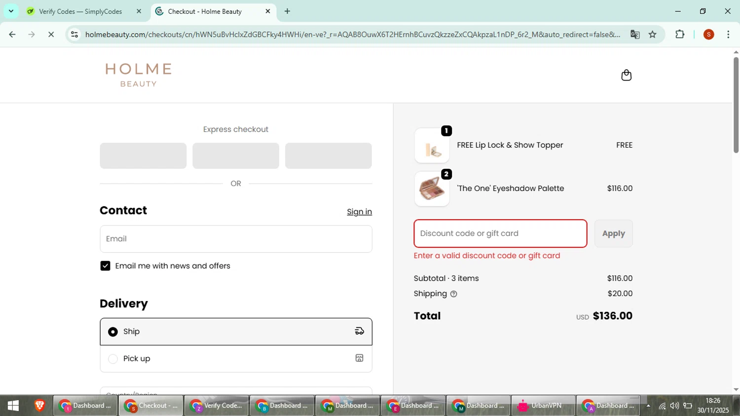 Holme Beauty discount code screenshot showing code WELCOME10 applied at Holme Beauty checkout page. Uploaded by SimplyCodes community member CleverTiger4265 on Nov 30, 2025