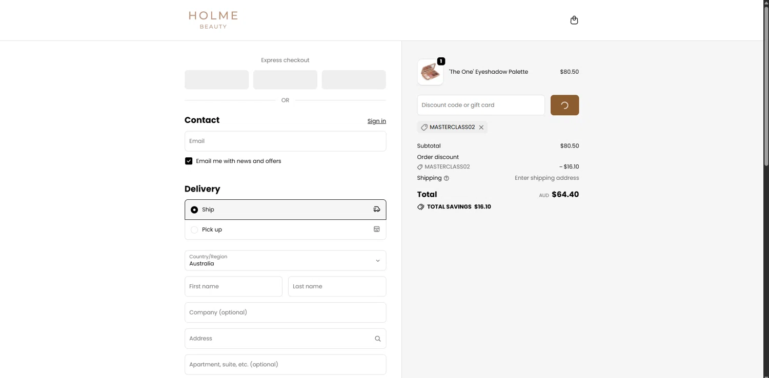 Holme Beauty discount code screenshot showing code MASTERCLASS02 applied at Holme Beauty checkout page. Uploaded by SimplyCodes community member LegendaryCurator4133 on Dec 6, 2025