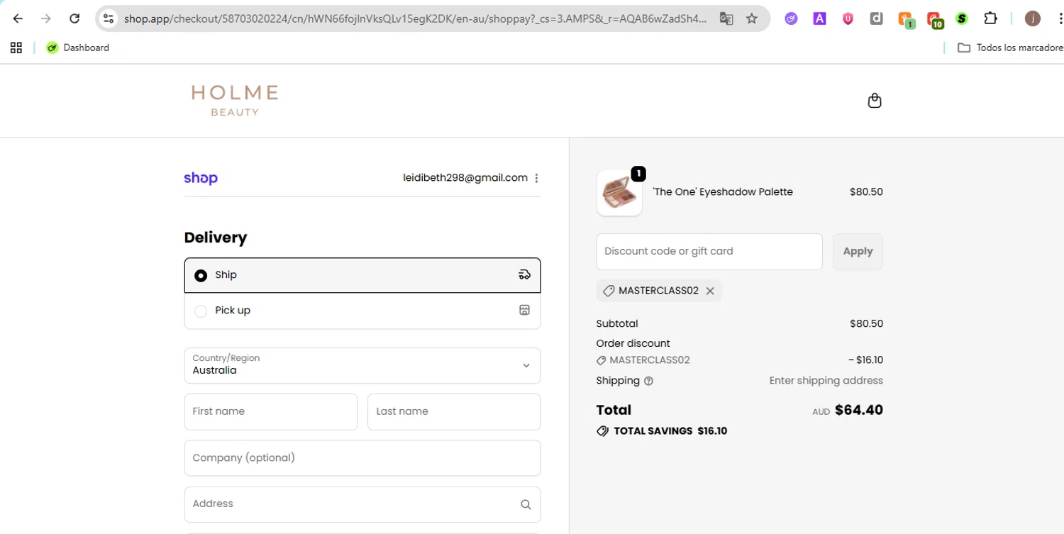 Holme Beauty discount code screenshot showing code MASTERCLASS02 applied at Holme Beauty checkout page. Uploaded by SimplyCodes community member jackthomson on Dec 6, 2025