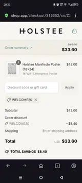 WELCOME20 coupon verification screenshot