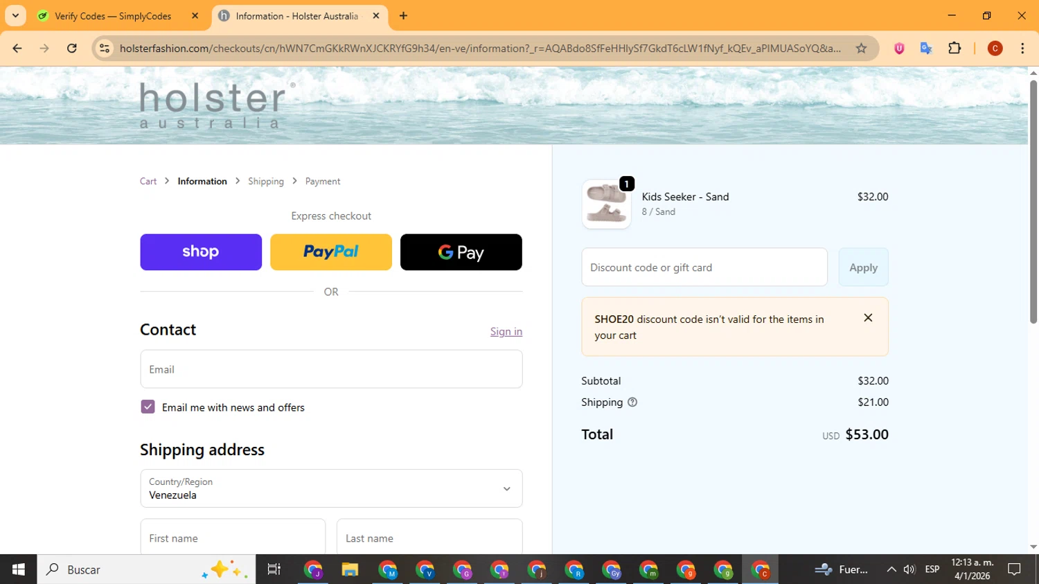 Holster Fashion promo code screenshot showing code shoe20 applied at Holster Fashion checkout page. Uploaded by SimplyCodes community member Playstatiton2 on Jan 4, 2026