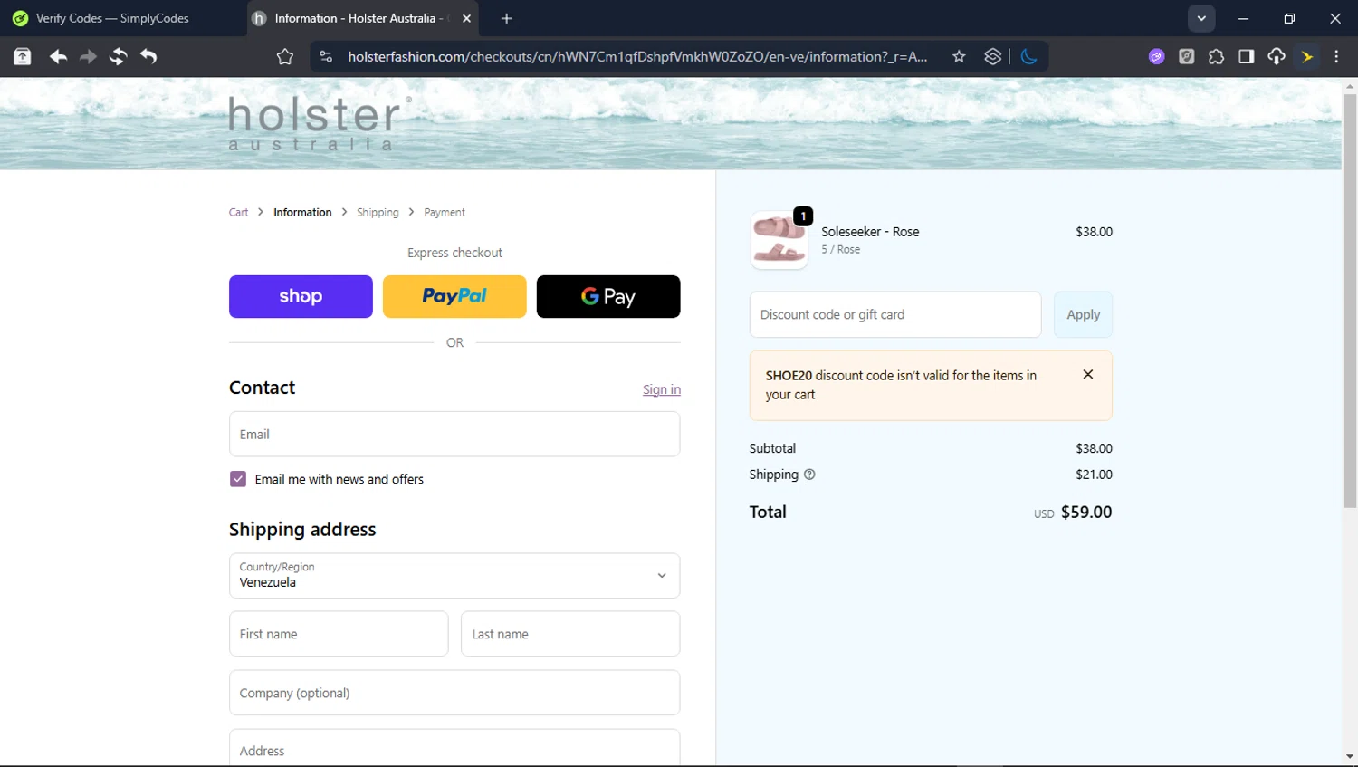 Holster Fashion promo code screenshot showing code shoe20 applied at Holster Fashion checkout page. Uploaded by SimplyCodes community member userrandon on Jan 4, 2026