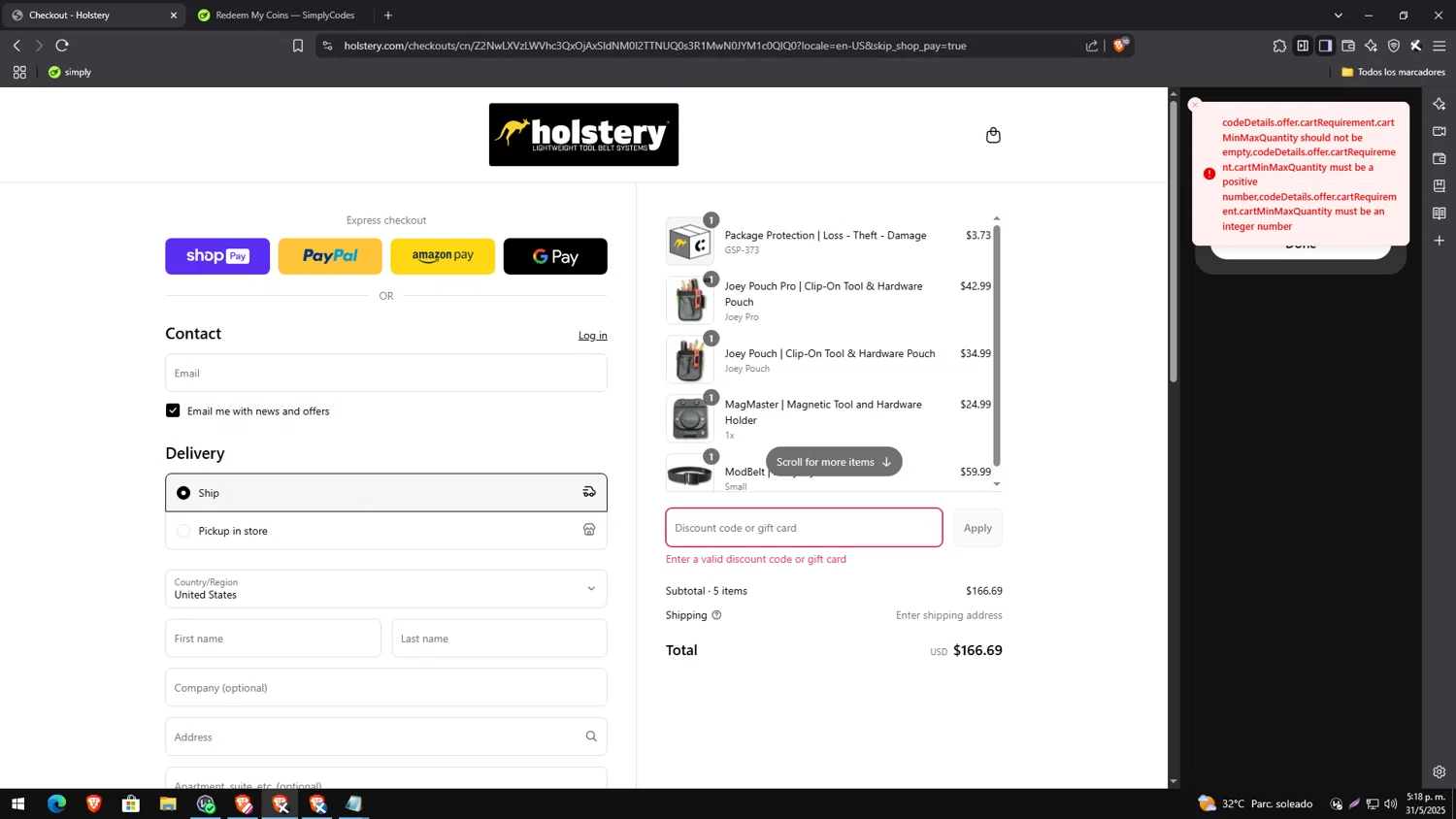 Holstery discount code screenshot showing code HONOR25 applied at Holstery checkout page. Uploaded by SimplyCodes community member TreasureEagle7585 on May 31, 2025