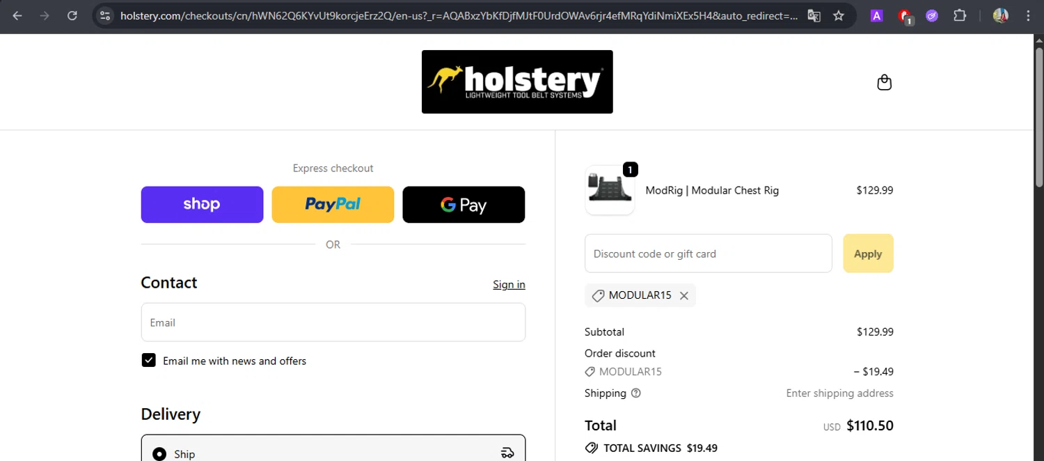 Holstery discount code screenshot showing code MODULAR15 applied at Holstery checkout page. Uploaded by SimplyCodes community member BrilliantFox7966 on Dec 4, 2025