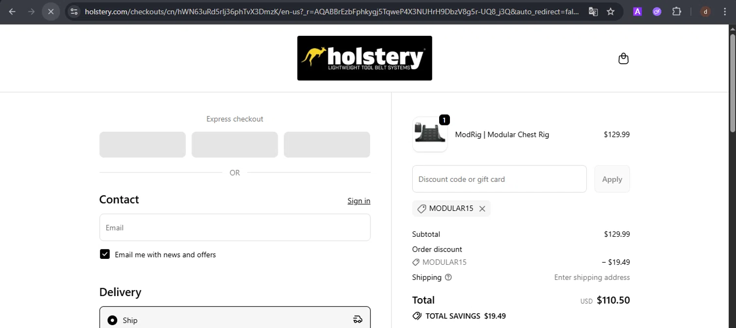 Holstery discount code screenshot showing code MODULAR15 applied at Holstery checkout page. Uploaded by SimplyCodes community member VoucherSpotter9376 on Dec 5, 2025