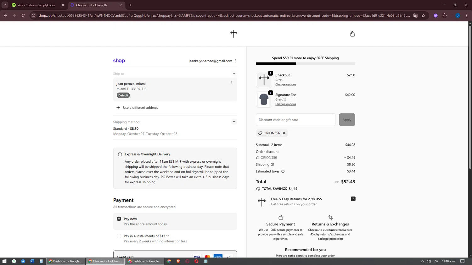 HolStrength discount code screenshot showing code ORION356 applied at HolStrength checkout page. Uploaded by SimplyCodes community member oscarbeaujon on Oct 21, 2025