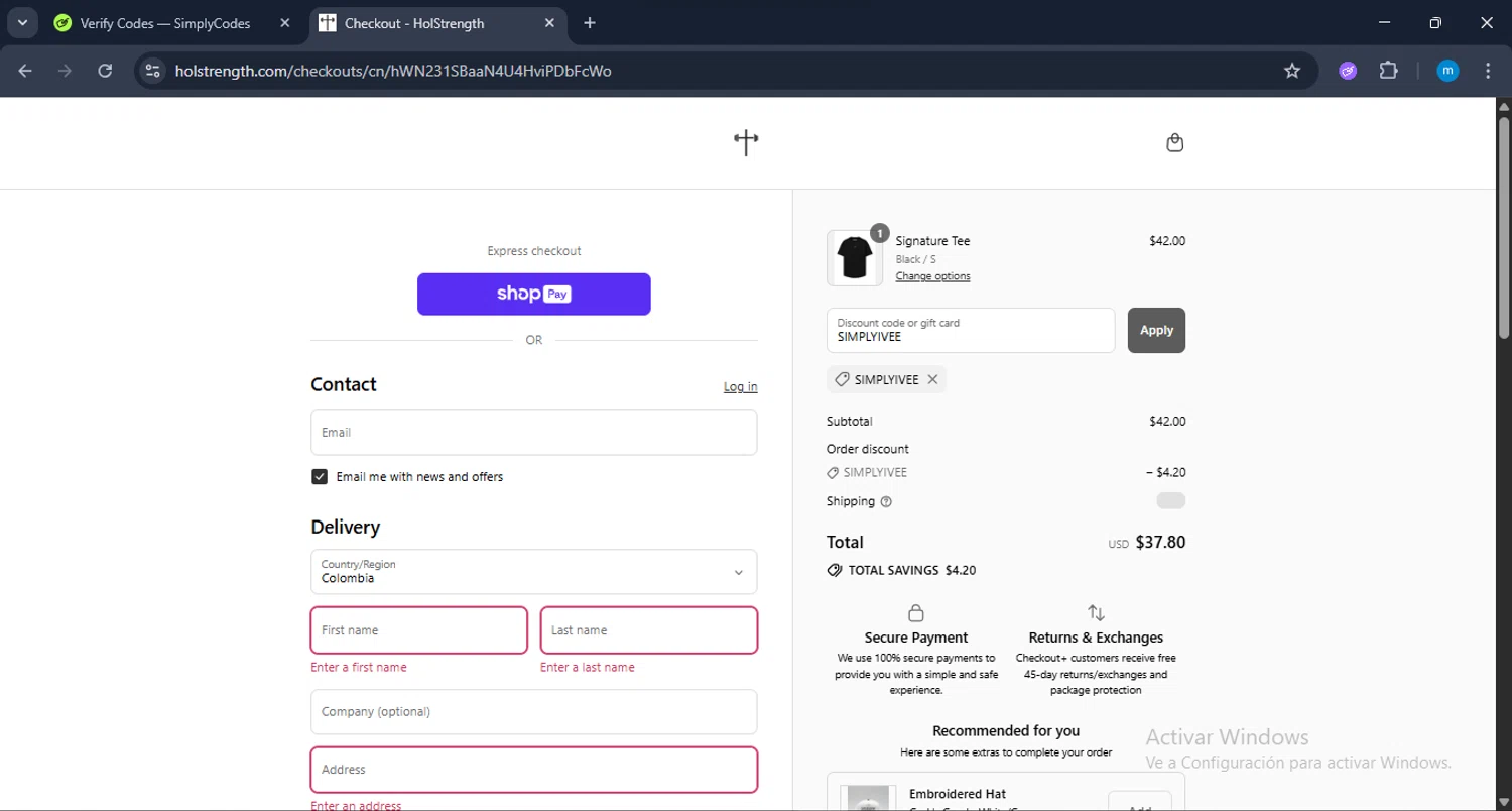 HolStrength discount code screenshot showing code SIMPLYIVEE applied at HolStrength checkout page. Uploaded by SimplyCodes community member LuckyWarden9122 on Aug 21, 2025