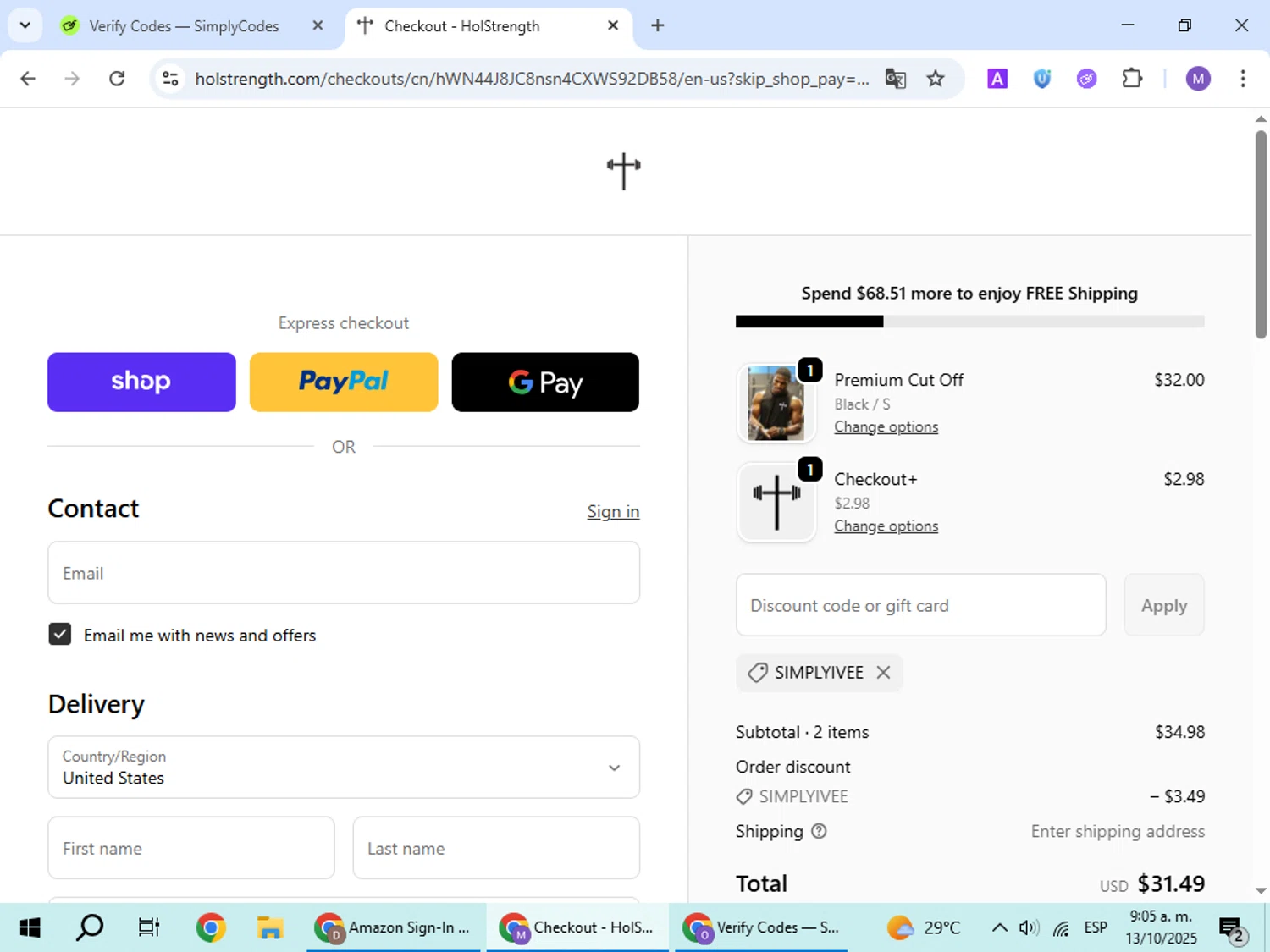 HolStrength discount code screenshot showing code SIMPLYIVEE applied at HolStrength checkout page. Uploaded by SimplyCodes community member VoucherScout6115 on Oct 13, 2025