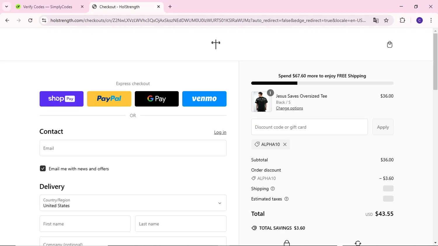 HolStrength discount code screenshot showing code ALPHA10 applied at HolStrength checkout page. Uploaded by SimplyCodes community member MoneyWizard2699 on Feb 2, 2025