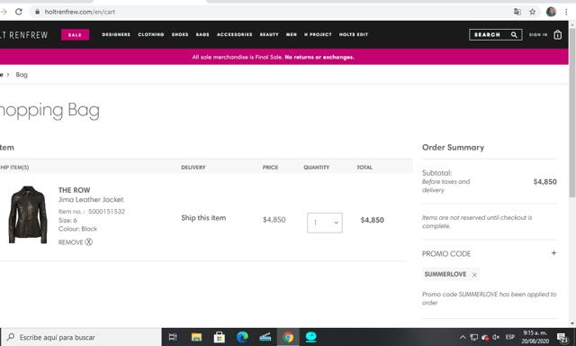 Holt Renfrew checkout page showing Holt Renfrew promo code box | Screenshot taken by SimplyCodes community member on Aug 20, 2020