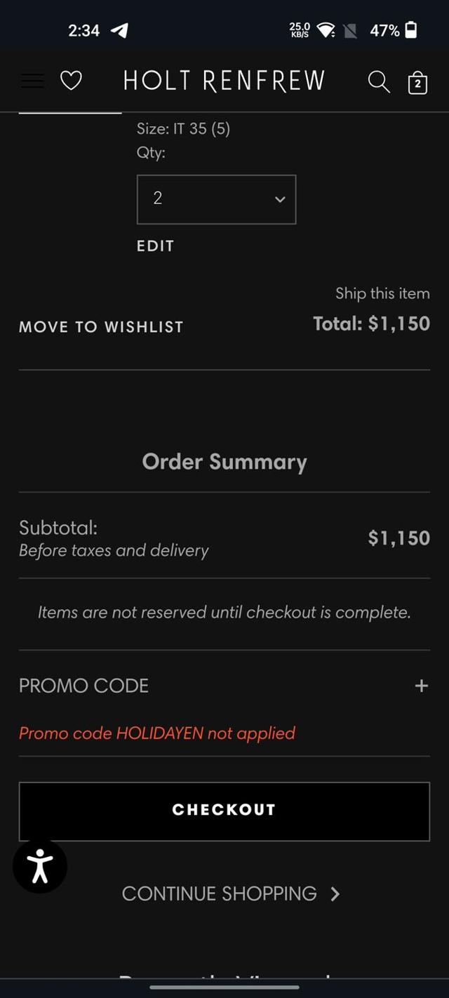 Holt Renfrew checkout page showing Holt Renfrew promo code box | Screenshot taken by SimplyCodes community member on Nov 27, 2023