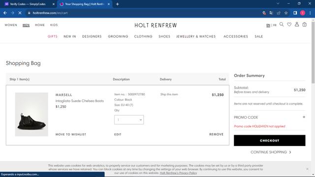 Holt Renfrew checkout page showing Holt Renfrew promo code box | Screenshot taken by SimplyCodes community member on Nov 23, 2023