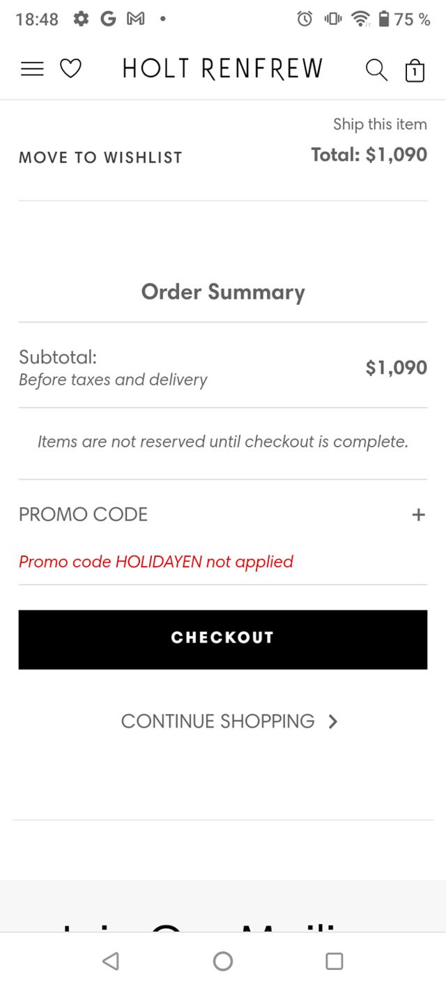 Holt Renfrew checkout page showing Holt Renfrew promo code box | Screenshot taken by SimplyCodes community member on Aug 20, 2024